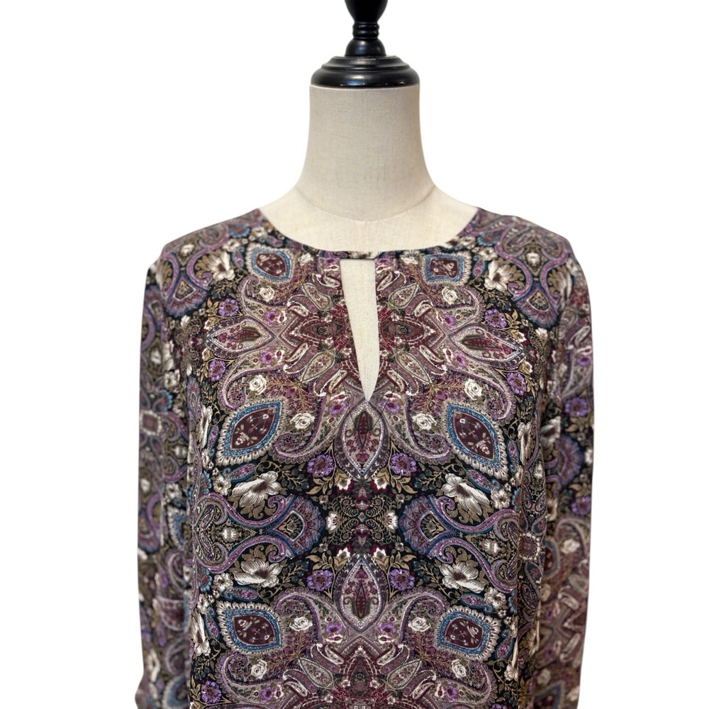 J Jill Blouse Sz M Purple‎ Brown Paisley Tunic Flares Sleeve Boho Cottage - Picture 5 of 9